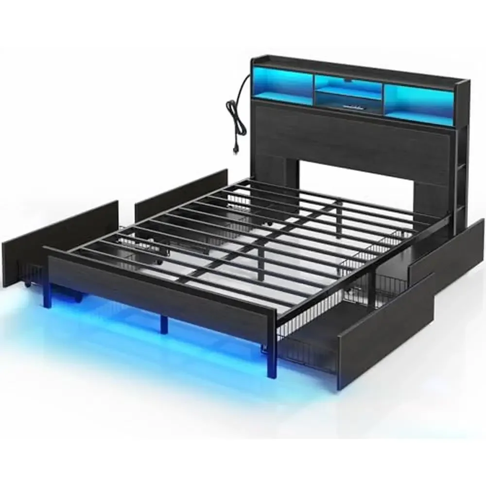 Queen Bed Frame Storage Charging Station LED Multi-color RGB Lights 4 Drawers Bookcase Shelf Headboard USB Type-C Ports Easy