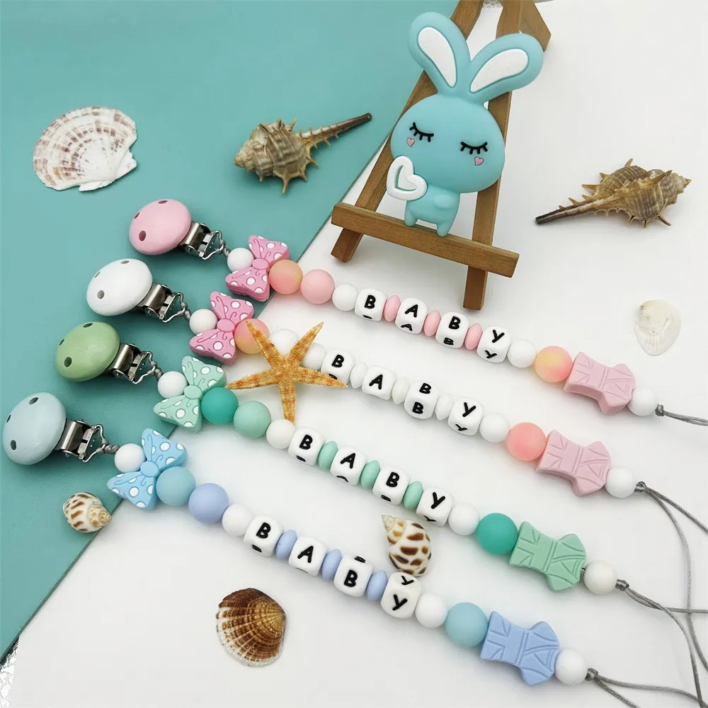 Personalized Letters Name Baby Luminous Beads Rabbit Silicone Pendant Pacifier Clips Chains Holder Teether Baby Kawaii Toy Gifts