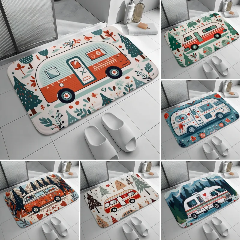 Happy Camping Car Door Mat Cartoon Non-slip Entrance Floor Carpet Washable Kitchen Rug for Home Room Decor Porch Outdoor Doormat