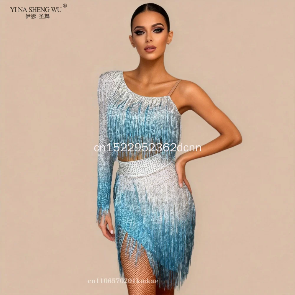 

Women's High-End Customized Latin Dance Costume Rhinestone Bead Tube Splicing Two-color Rumba Chacha Samba Performance Dress