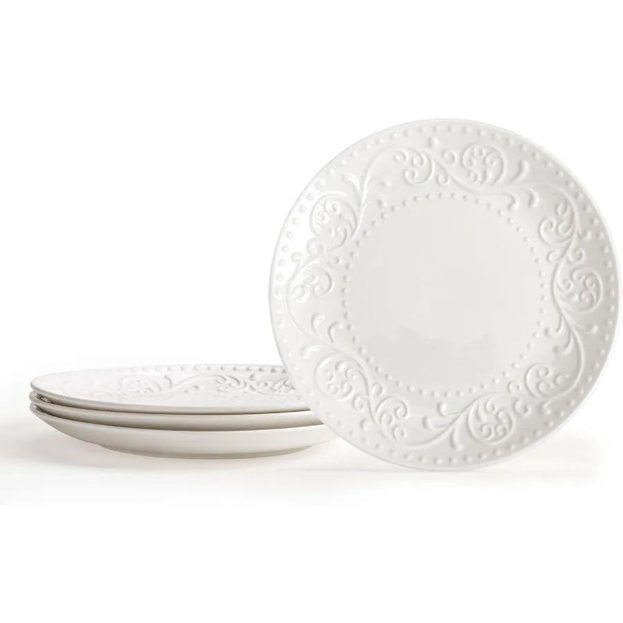 

Embossed Ceramic Salad Plates White Dinner Plates 8.25 inch Kitchen Plates Set of 4 Pasta Plate for Appetizer Dessert Serving D