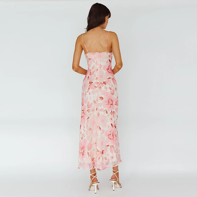 InsLucky Floral Pink Print Cami Strap Midi Dress Women Sweetheart Neck Backless abiti alla caviglia Sexy Sweet Elegant Wear