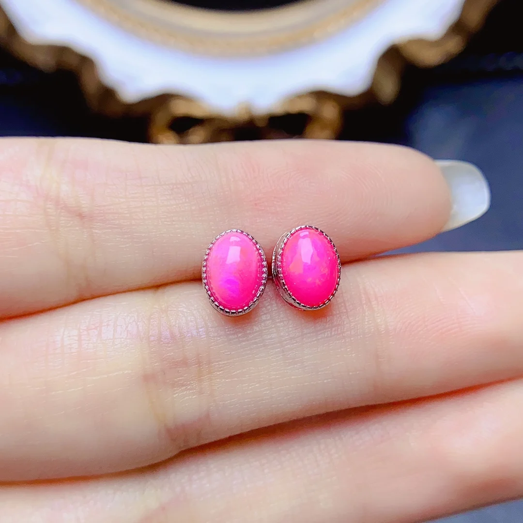 Imagem -02 - Brincos de Opala de Prata Esterlina para Mulheres Corte Cabochão Oval Rosa Natural Presente para Mulheres 5x7 mm 925