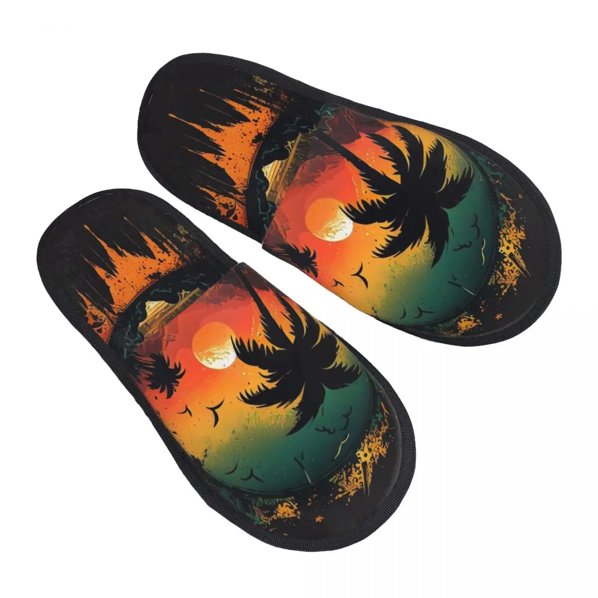 Retro Comics Pattern With Palm Tree Hand Roller Men Women Furry slippers,Warm Color printing special Home slippers