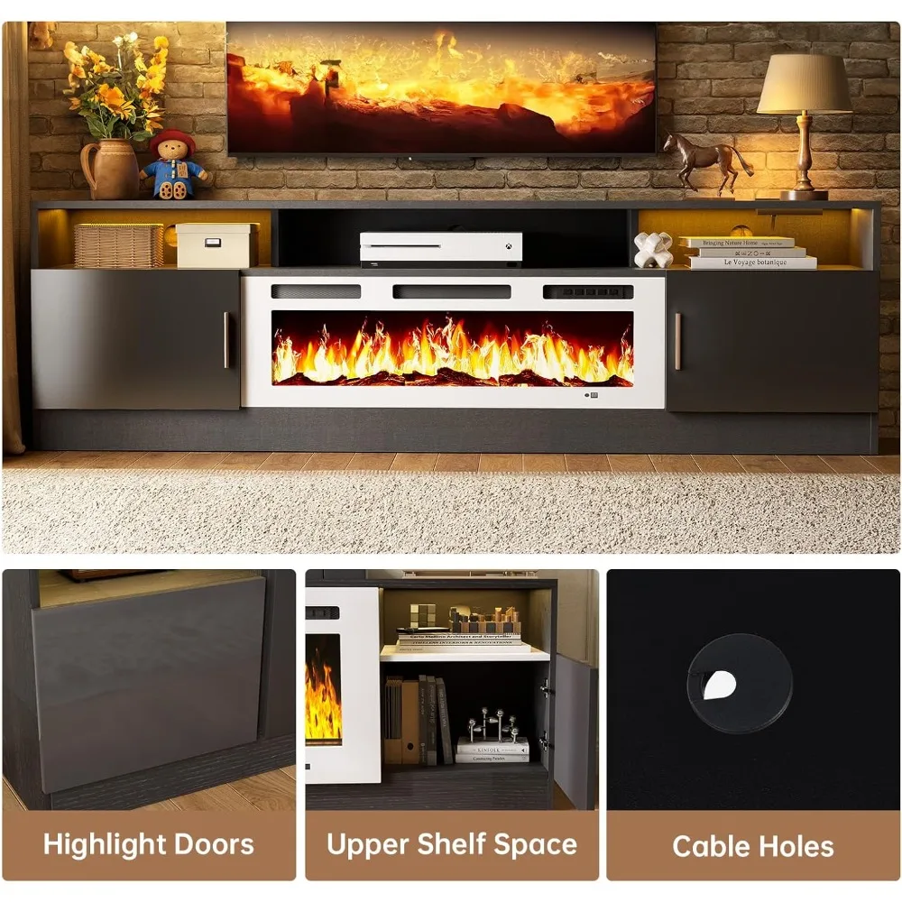78 Fireplace TV Stand with Power Outlet for TVs UP to 90, Electric Fireplace Entertainment Center with LED Lights & Storage