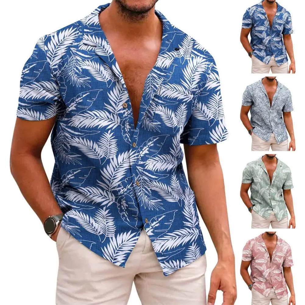 Men Summer Lapel Short Sleeve Shirt Top Hawaiian Floral Cotton Linen Leaves Print Single-Breasted Thin Beach Shirt Streetwear