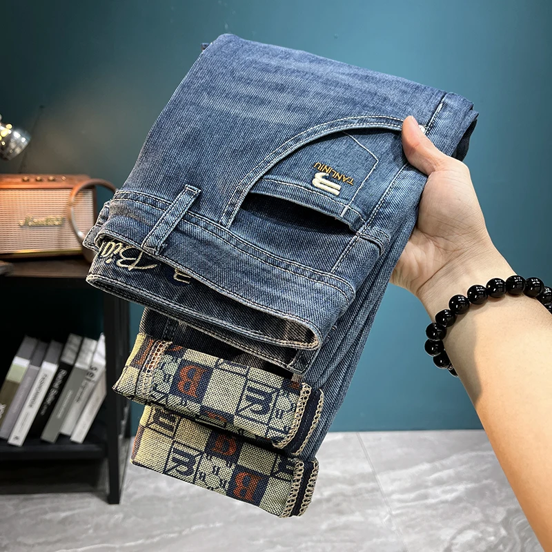 Summer Thin Jeans Men's Breathable Comfortable Soft Elastic Trend Printed Design Fashionable All-Match Casual Pants