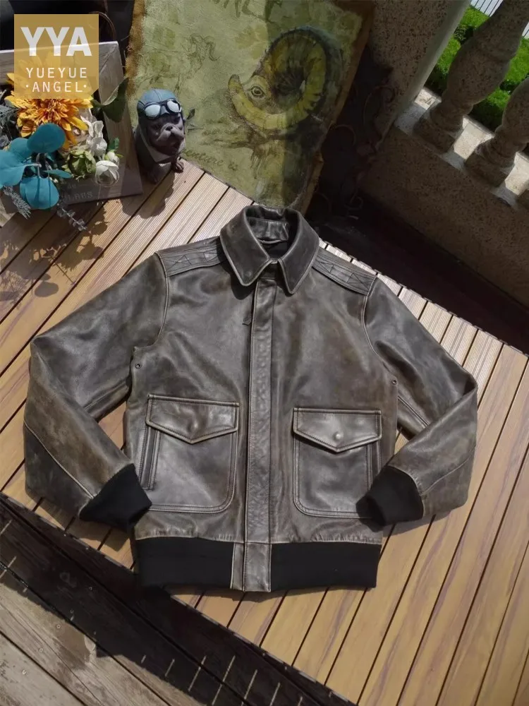 Vintage Mens Cowskin Genuine Leather Motorcycle Short Coat Spring Autumn Designer Turndown Collar Cargo Pilot Jacket Size 5XL