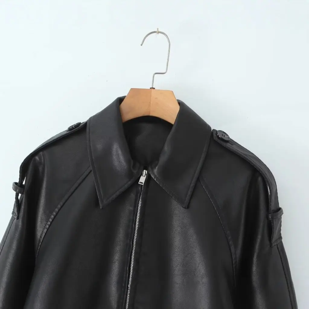Fall Women's Casual Versatile Retro Fashion Leather Jacket Collared Coat European And American Style Supply