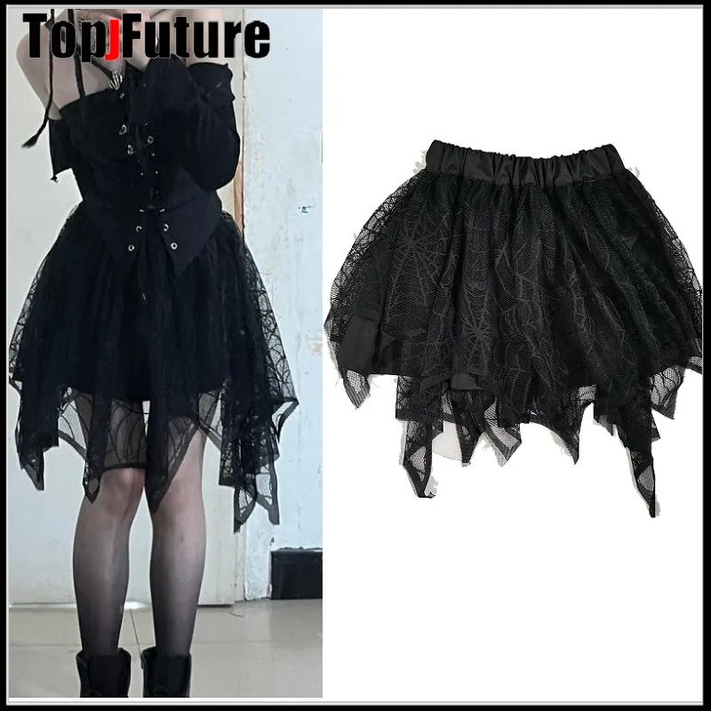 

Spice Girl Y2K Gothic Black Mesh Skirts Punk Grunge Rock Spider Web Lace Irregular Mini Skirt Harajuku Streetwear Women Skirts