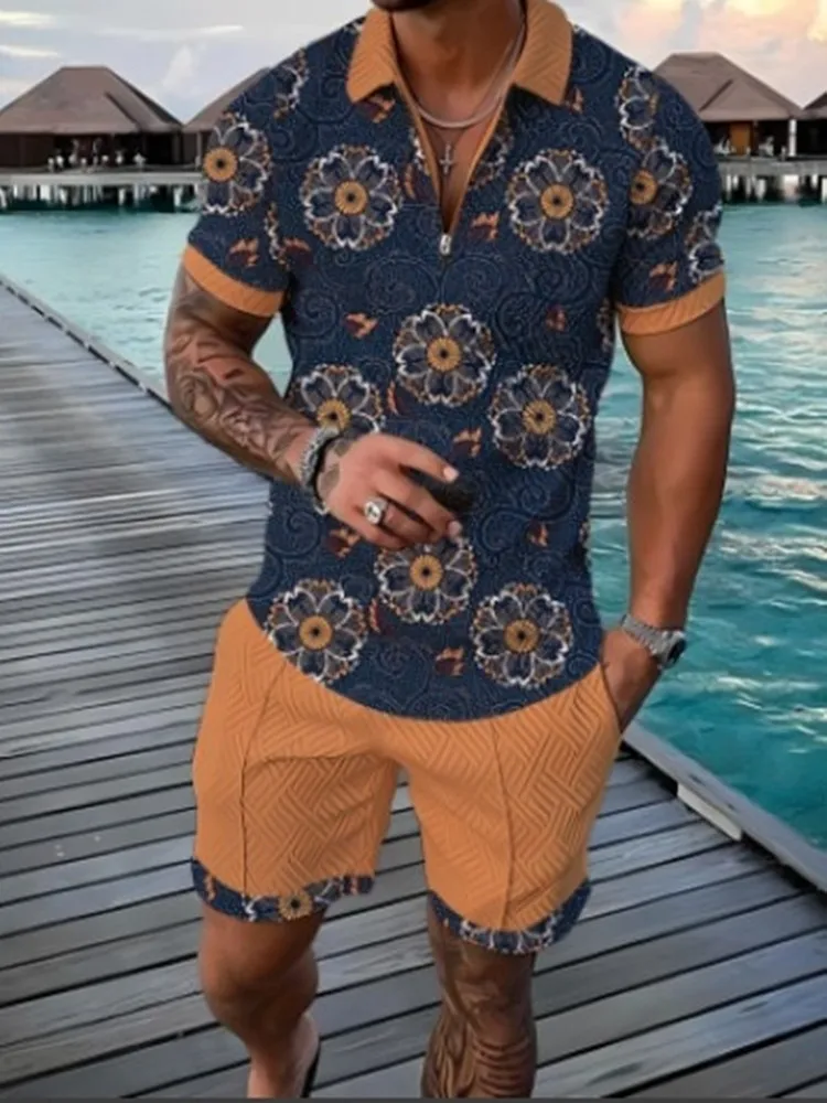 Fashion summer men\'s flower shirt casual holiday short-sleeved Polo shirt set 3D printed clothing 2 pieces