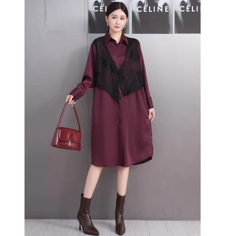 2025 Herfst Elegante Vrouwen Losse Casual Retro Patchwork Shirts Lange Jurken Vrouwelijke Lange Mouw Jurk Groothandel J2062