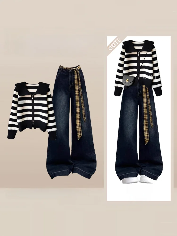 

Корейский ретро-комплект: полосатый трикотажный джемпер и джинсы с высокой талией и широкими штанинами для женщин. Модный зимний повседневный комплект с высоким воротником.