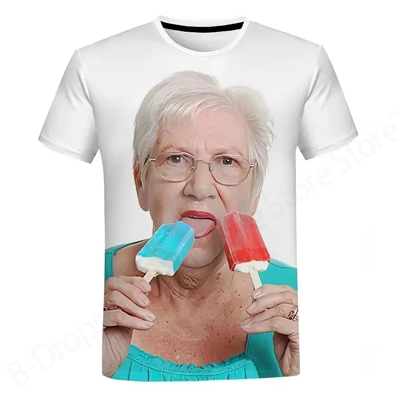 Fun Ice Cream Men T-shirt Senior Women Licking Popsicle 3d Print Tshirt Kawaii Grandma Fun Popsicle Short Sleeve T shirt TOP TEE