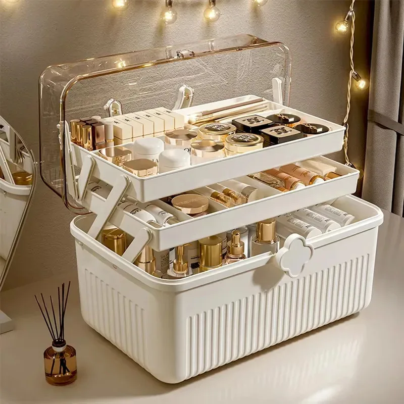 

3 Tiers Makeup Storage Box Dust-proof Cosmetic Organizer Large Capacity Skincare Lipstick Eyeshadow Organizer Medicine Storage