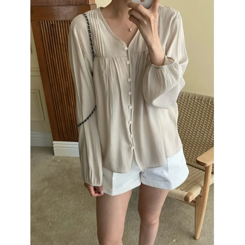 

Chic V-Ne Button-Up Top Autumn New Sle Korean Sle Women's Sweater Regular Fit Casual Inner Wear for Various Ocns