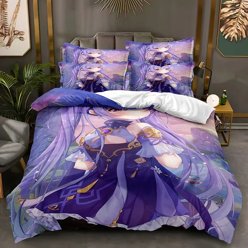 Genshin Impact Cartoon Bedsheets Set with Pillows Case Keqing Hutao Housse De Couette Soft Three-Piece Bedding Sets Decor Room