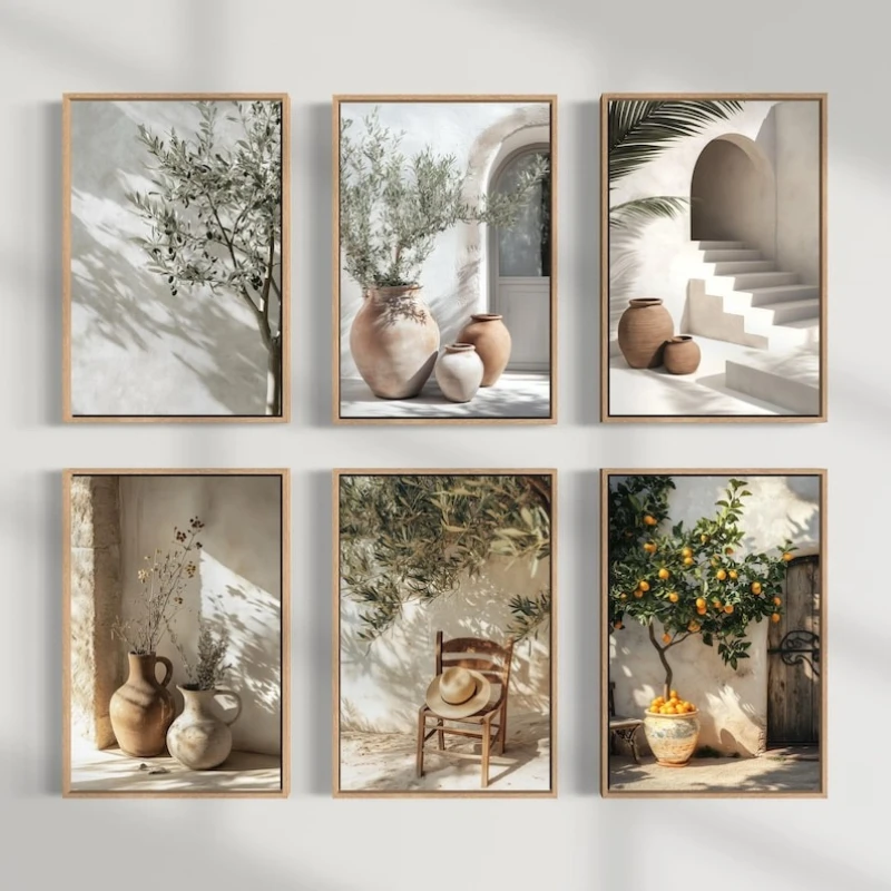 6-teiliges Set Mediterrane Olivenbäume Zitronenpflanzen Leinwanddrucke Neutrale Küsten-Wandkunst Poster für Moderne Wohnzimmer-Dekoration