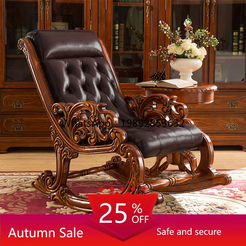 

LYY Oak Solid Wood Rocking Chair Leather Recliner Home Sofa Lounge Chair Nap Chair