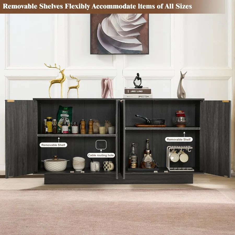 خزانة بوفيه جانبية كبيرة الحجم مقاس 63 بوصة، طاولة بوفيه حديثة، خزانة بار النبيذ مع 4 أبواب لغرفة الطعام