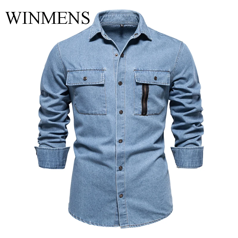 

Мужская повседневная хлопковая рубашка с длинными рукавами, однотонная молодежная джинсовая рубашка с отложным воротником и карманами, модные трендовые винтажные рубашки