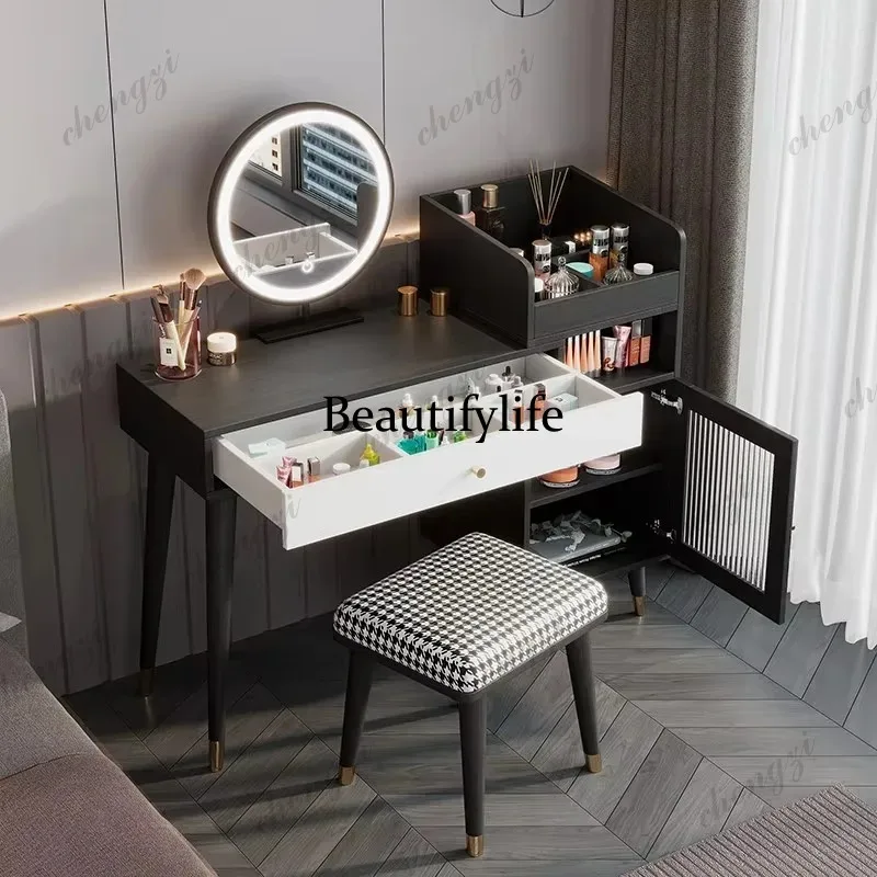 Espejo de tocador deslizante de lujo con LED extraíble, mueble de tocador negro para sala de estar