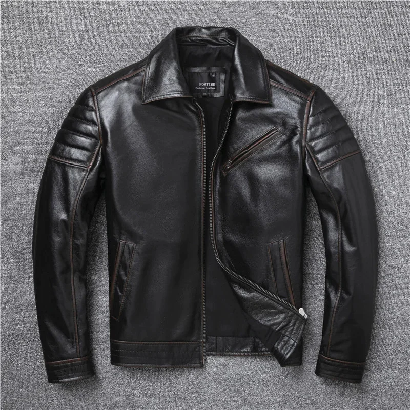 2024 New Style Edging Brown Vintage Genuine Leather jacket Men Cowhide Slim Fashion Biker jackets Clothing Big Size S-5XL