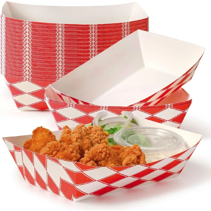 

1000 Pack 2 lb Paper Food Boats Heavy Duty Disposable Trays Red Check For Parties Fairs Picnics Carnivals Holds Ketchup Cheese
