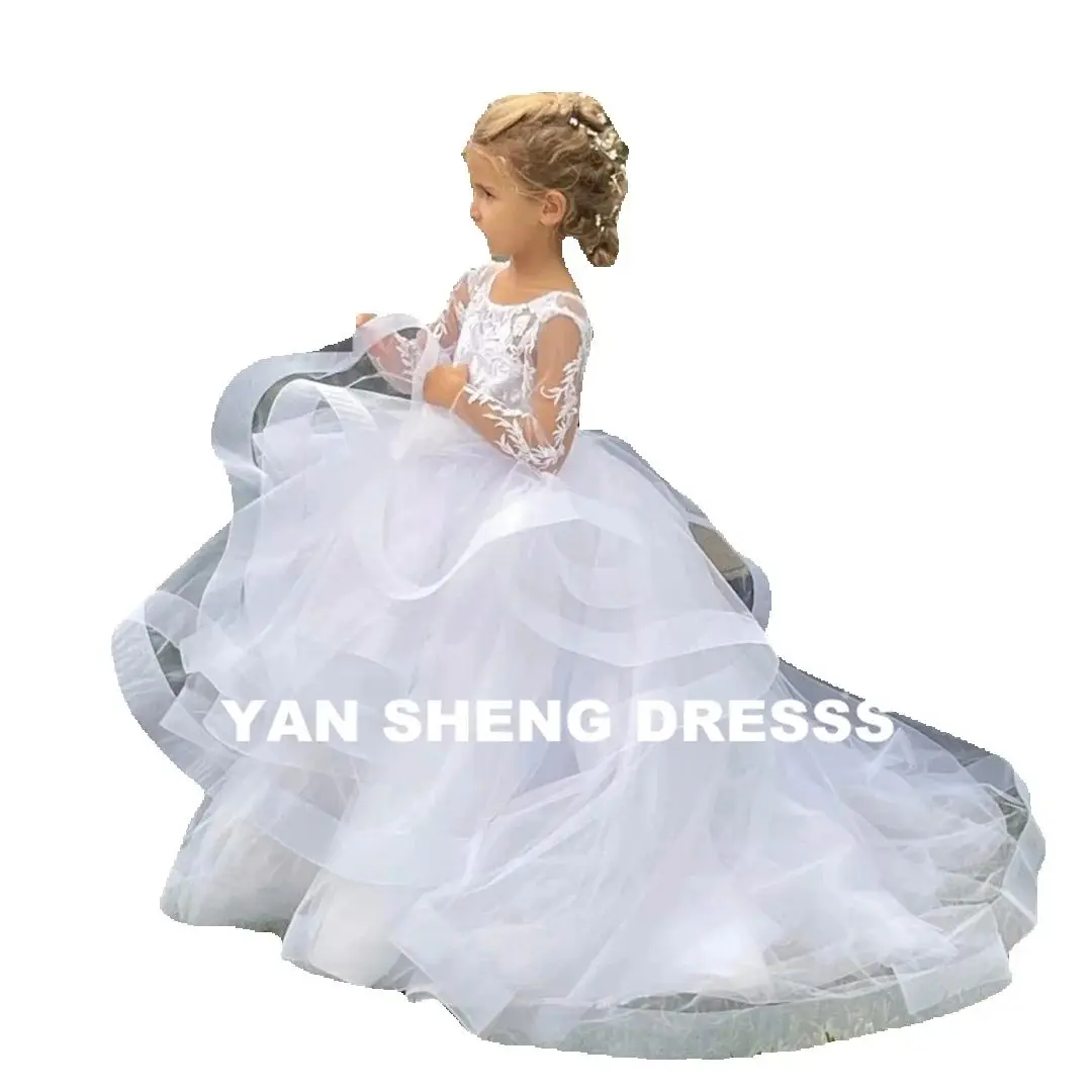 Wedding Birthday Flower Girl Dresses White Tulle Puffy Tiered Appliques Sequin Long Sleeve For  First Communion Gowns