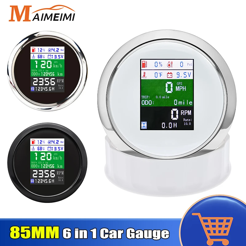 6in1 85mm GPS Speedometer Tachometer Fuel Level Gauge Oil Pressure Water Temp Voltmeter Digital Gauge for Car Boat Marine 12V24V