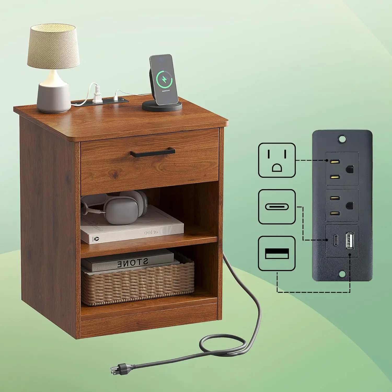 Everyday Side Table with Fast Charging Station - USB C Cable Fast Charging, Wooden Brown Nightstand Bedside Table with Drawer