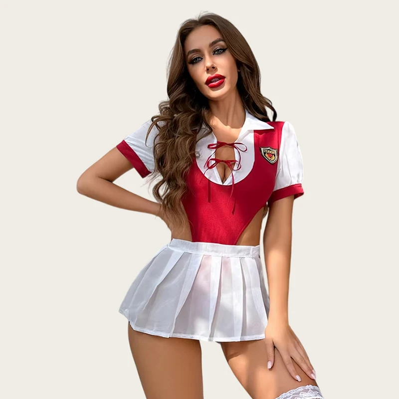 

2025 сексуальный костюм для женщин, косплей, студенческое белье, костюм школьницы, красное боди + мини-юбка, 2 шт., фантазийное интимное сексуальное женское белье