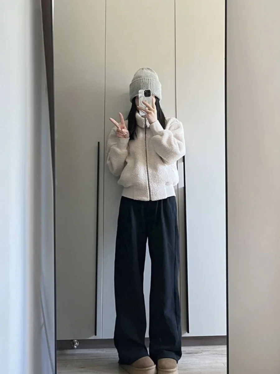 

Retro American Faion ort Lamb Fur Jaet Women's Autumn Winter Casual Stand Collar ature Jaet Trendy Top