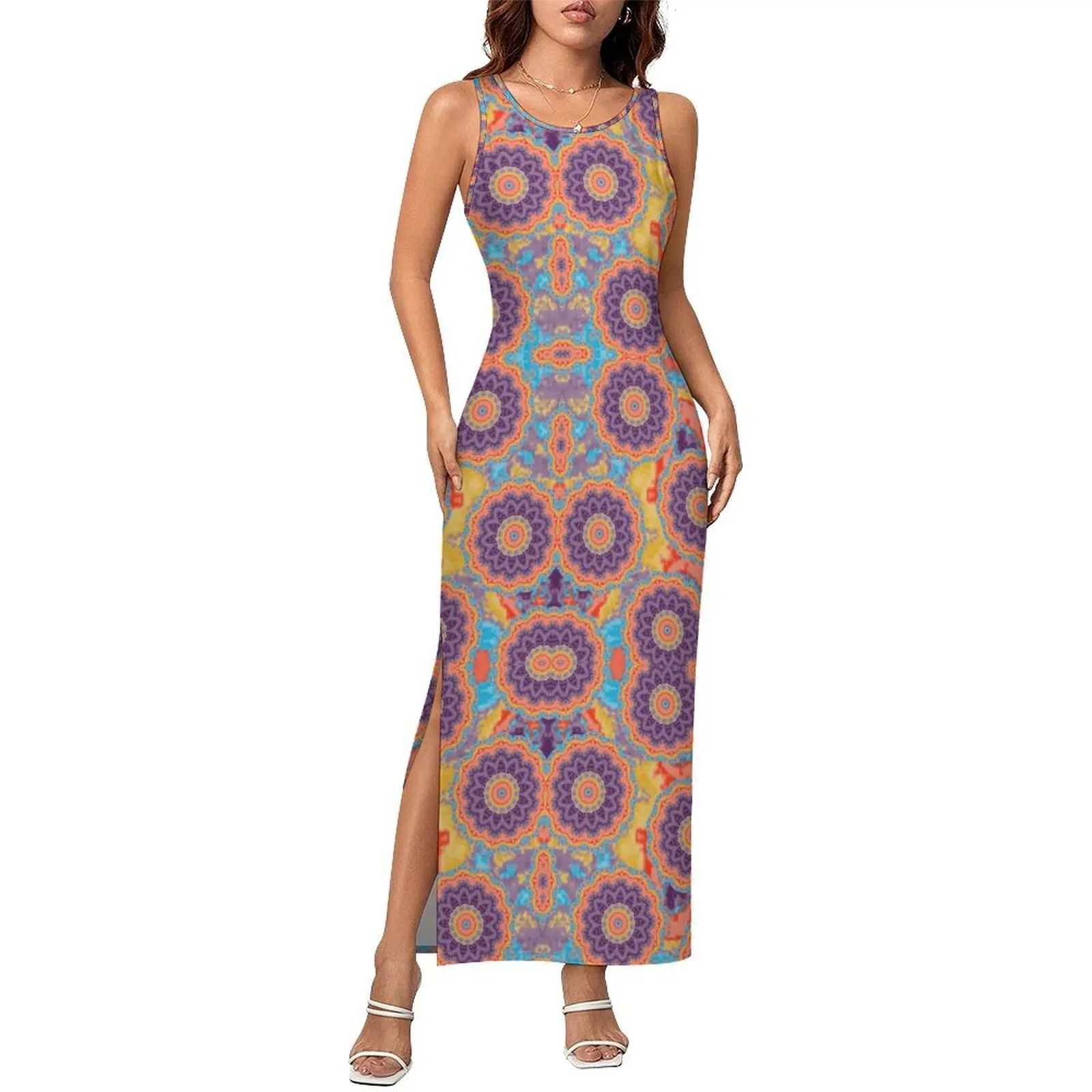 Hippie Bohemian Dress Sleeveless Floral Mandala Cute Maxi Dresses Holiday Y2K Fashion Custom DIY Bodycon Dress Large Size