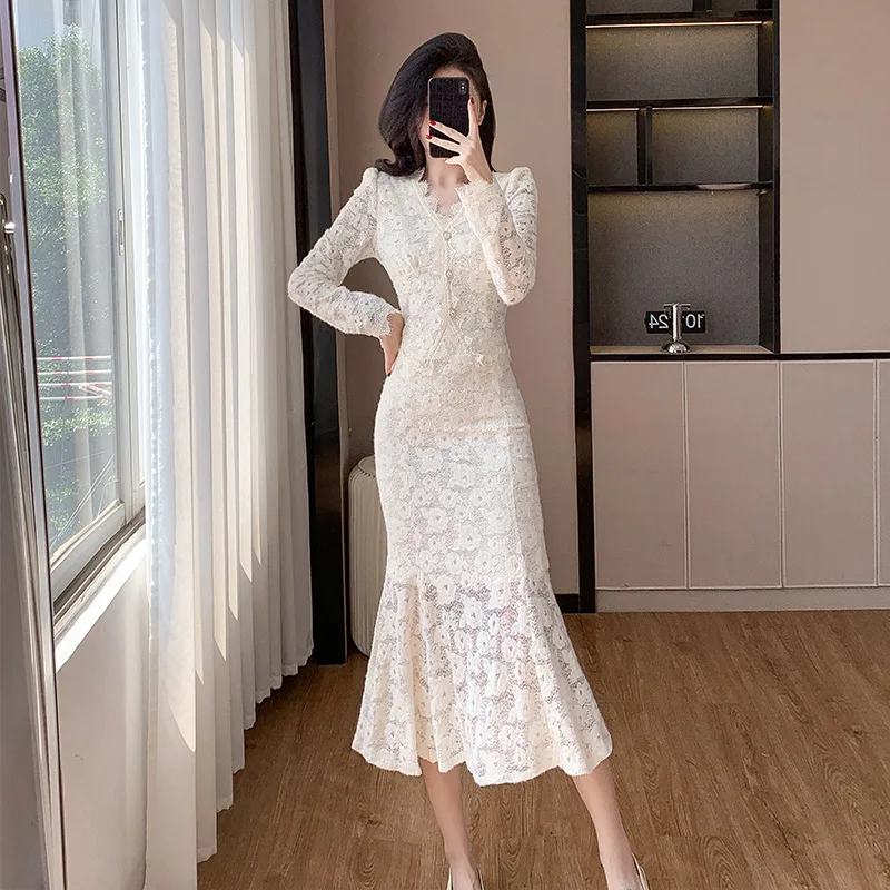 

Elegant Lace Fish Tail Dress Set Two Piece Suite Small Fragrance Style Winter 2026 New Arrival Women's Casual Sportswear