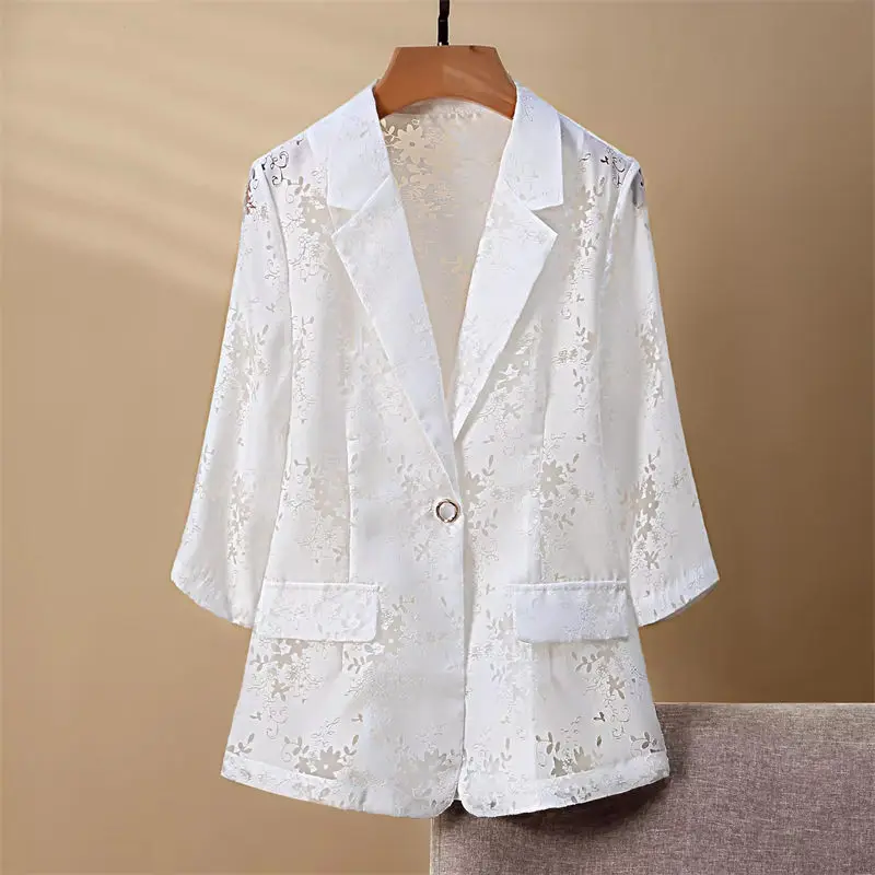 Organza Blazer Thin Style Women's Summer Sun Protection Jacket Hollowed Out 3/4 Sleeves Light Blue Suit Jacket Fashion Tops K975