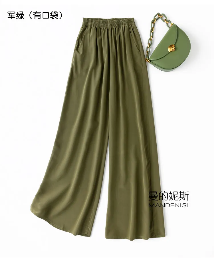 Tcyeek 100% Natural Silk Pants Women Summer Clothes Casual Elastic Waist Wide Leg Pants Solid Color Woman Trousers Streetwear