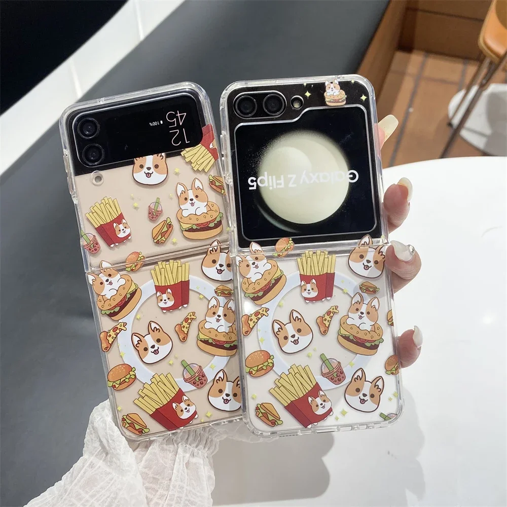 French Fries Shiba Inu Magsafe Magnetic Bracket Phone Case for Samsung Galaxy Z Flip 3 4 5 6 Z Fold 5 5G PC Hard Back Cover Gift