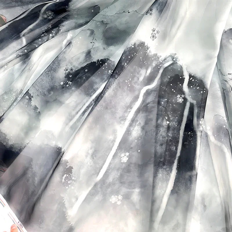 New Chinese Style Gradient Print Fabric with Poems Landscape Paintings and Crane Motifs Cloth for Hanfu Ruqun DIY Sewing