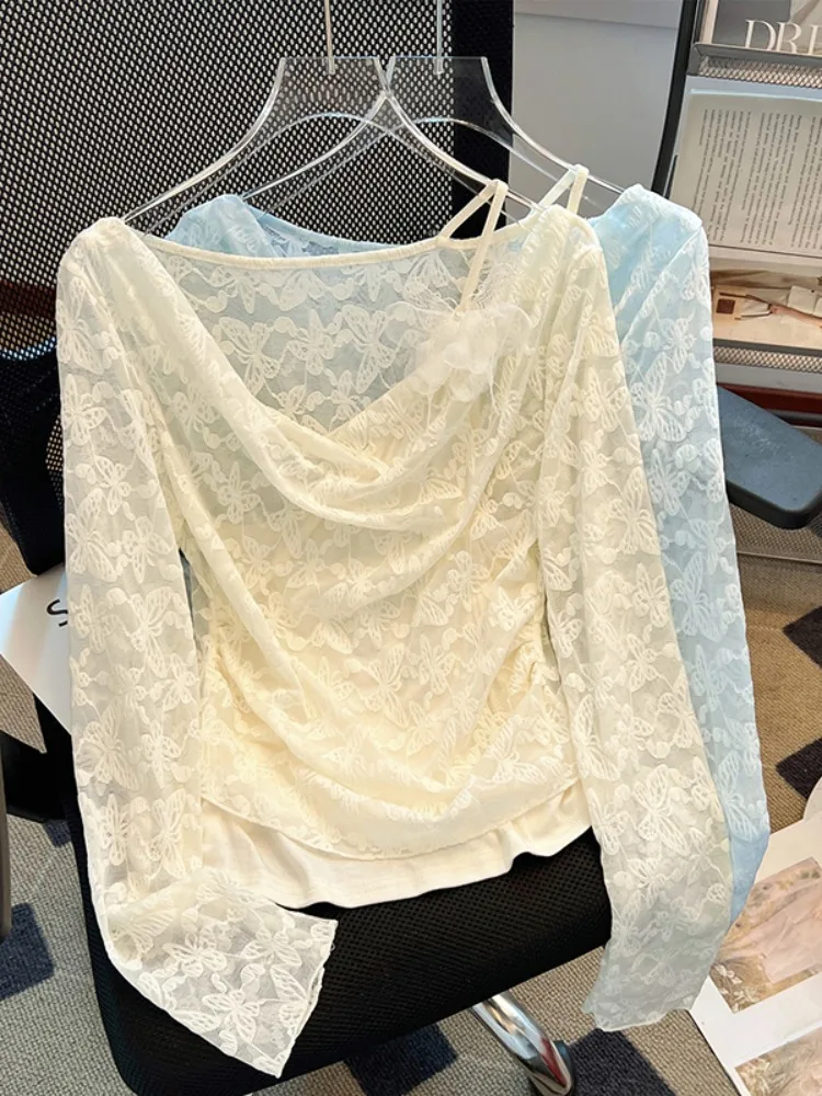 

Summer Design Sense f- Floral Print Chiffon Top Women's Slim Fit V-Ne Sun Protection Long Sve Faionable Top