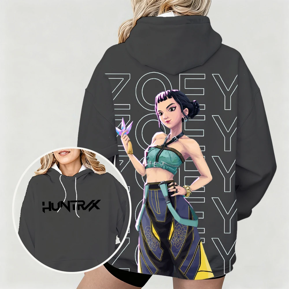 هوديي نسائي كبير الحجم مع تصميم رسوم متحركة KPop Demon Hunters Zoey بطباعة شخصية متحركة مزدوجة الجانب للارتداء اليومي غير الرسمي