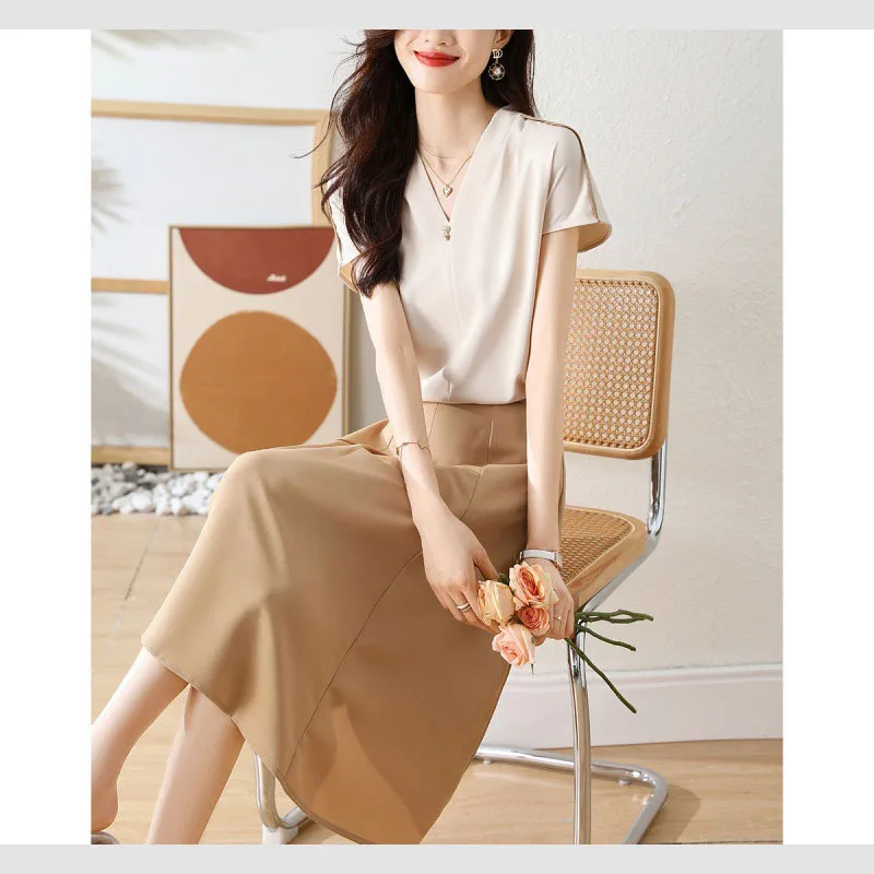 Boweylun New Summer Fashion Skirt T-shirt Set Women Semi Dress Short Sleeve Two-piece Set