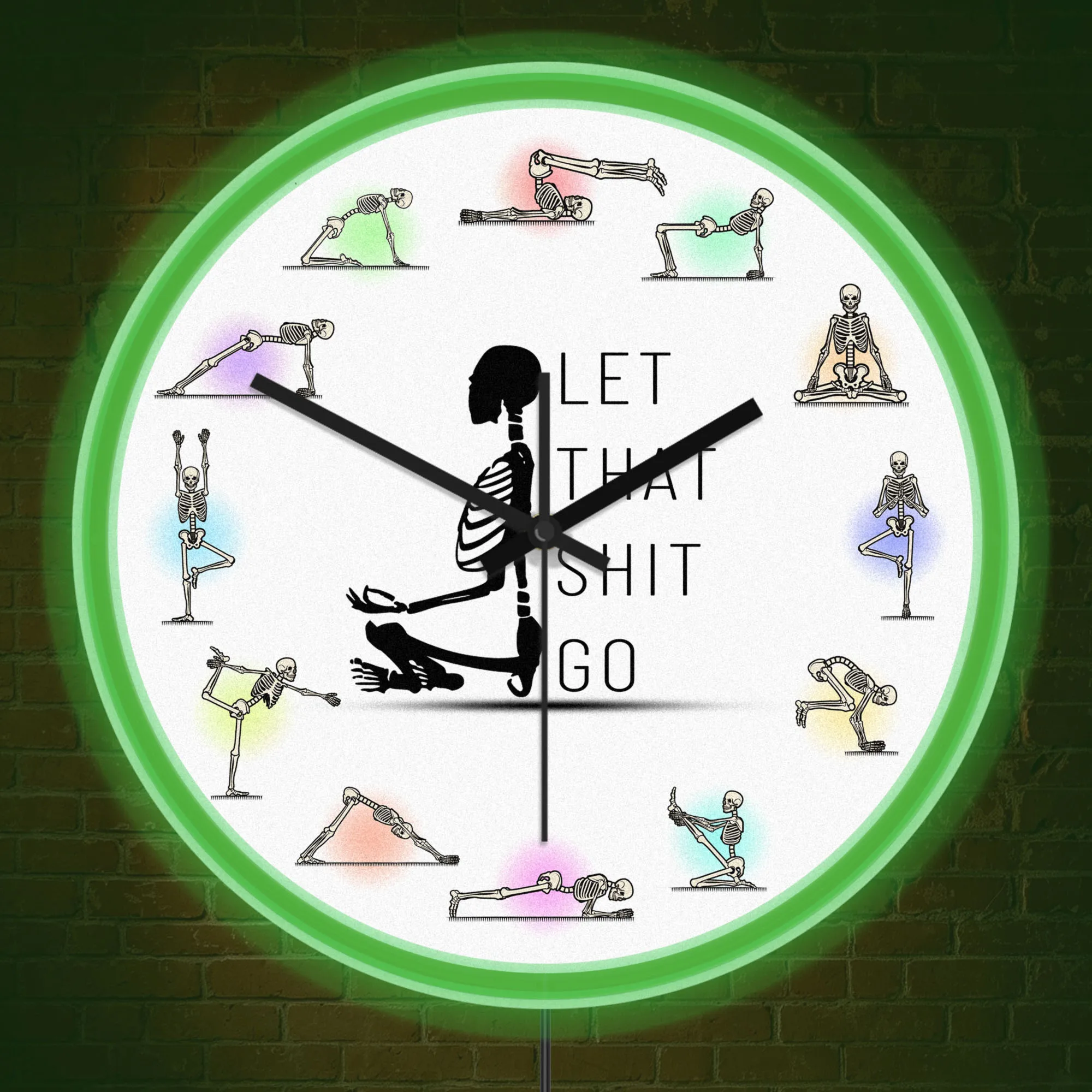 Skeleton Yoga Poses LED Neon Lighting Wall Clock For Yoga Studio Home Gym Mediation Skull Illuminated Wall Clock Glow in Dark