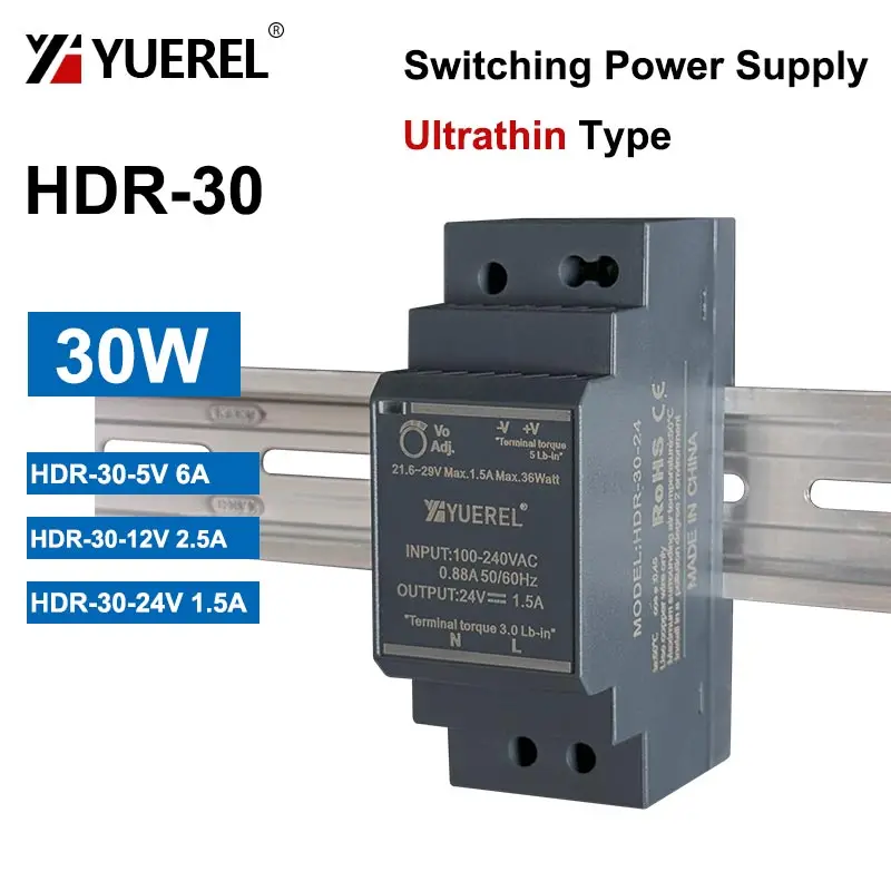 HDR 30W 5V 12V 24V Ultracienki zasilacz impulsowy Transformator na szynę DIN