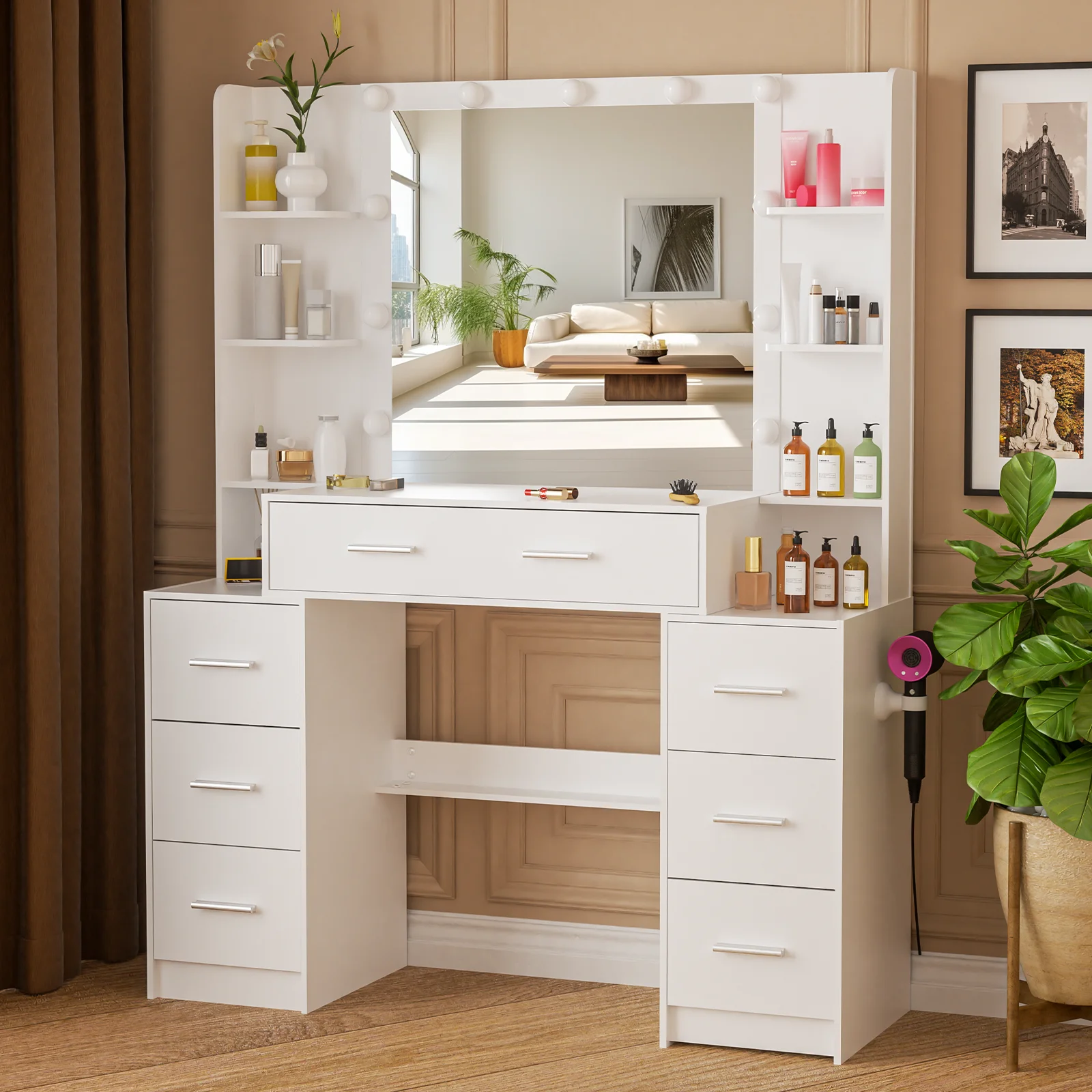 مكتب تزيين كبير مع 11 مرآة بإضاءة LED و7 أدراج طاولة مكياج حديثة #2