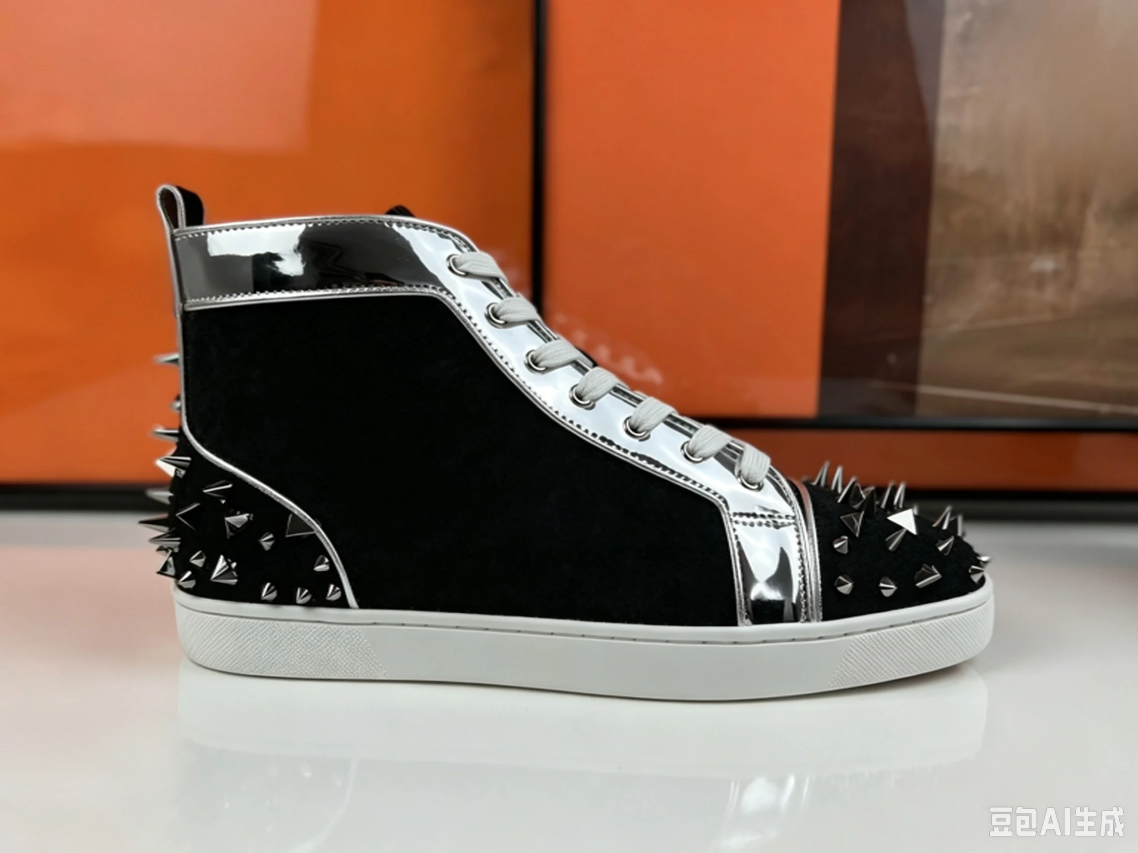 Men's High Top Silver Rhinestone Spiked Sneakers Black Glitter Leather Casual Shoes Red Bottom Lace Up Daily Walking Footwear