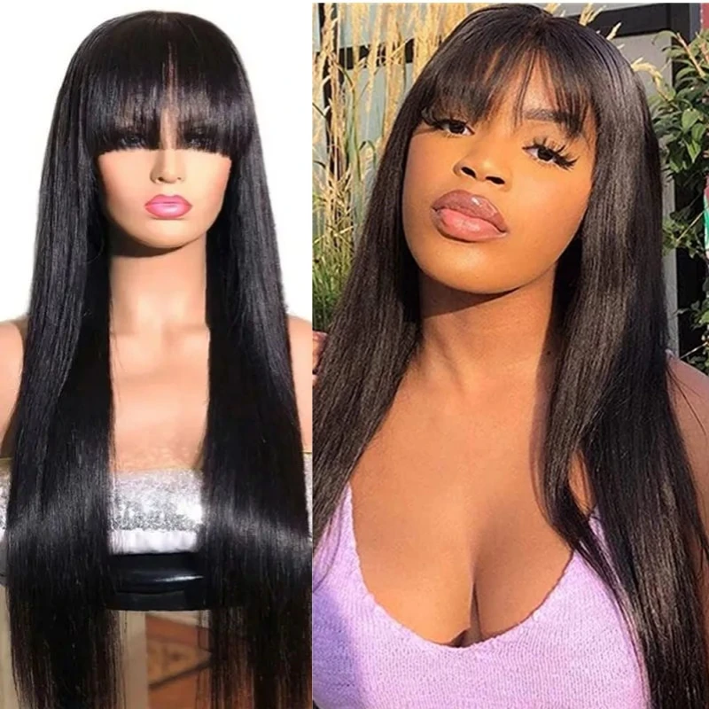 

Alimice None Lace Wigs Ready to Wear Glueless Straight Human Hair Wigs With Bangs Machine Made Wigs For Women