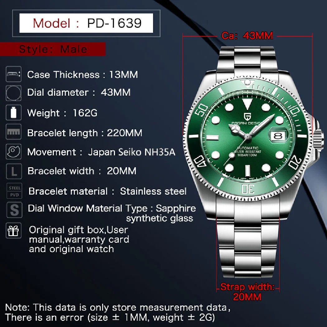 

PAGANI DESIGN Brand Mechanical Men's Watches Top Luxury Fashion Wristwatch Mens Business Steel Green Clock Male Automatic Watch