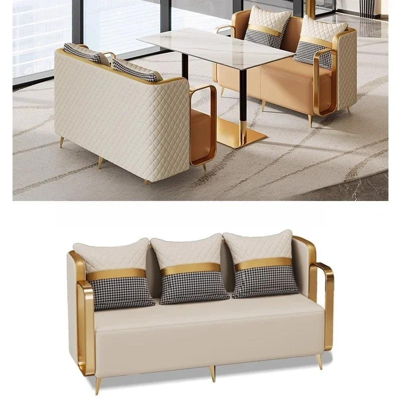 

Luxury Commercial Seating Set: Quilted Sofa Chairs+Marble Table, Gold Metal Trim, Modern Café/Office Meeting Furniture