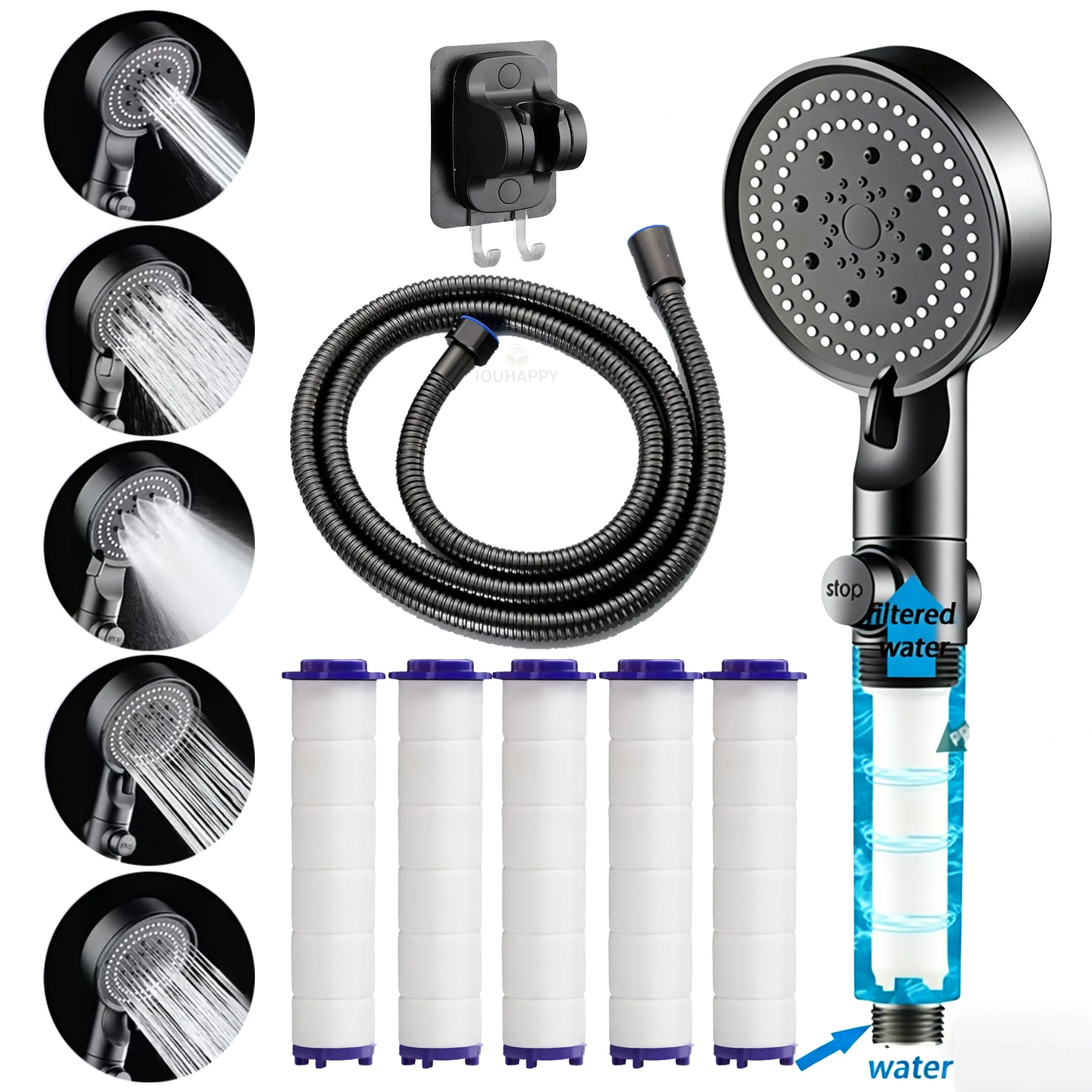 Handbrause mit Filter, Hochdruck, 5 Modi, Wassersparend, Eingebauter Filter, EIN/AUS-Schalter, Badezimmerzubehör
